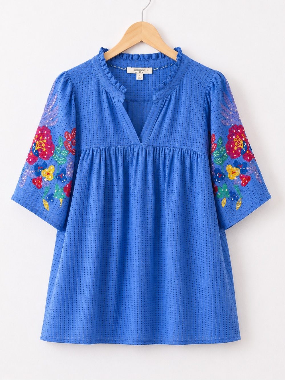 Umgee Periwinkle Floral Embroidered Boho Puff Sleeve V-Neck Flowy Peasant Top - Picture 3 of 7